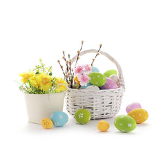 basket with colorful easter eggs and spring flowers isolated on white background