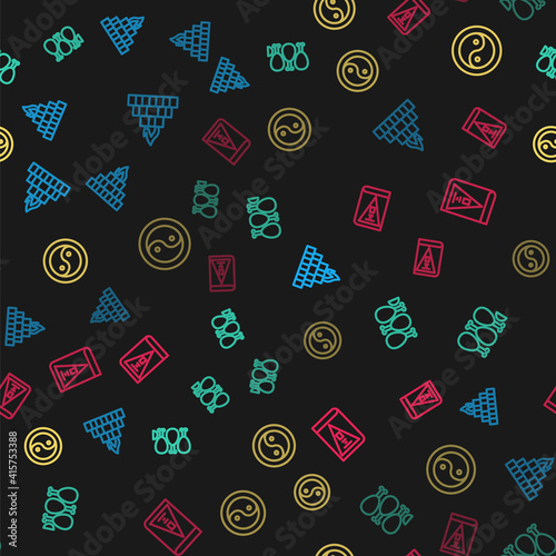 Set line Yagna, Tandoori chicken, Yin Yang and India constitution day on seamless pattern. Vector.