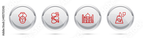 Set line Indian man, Tandoori chicken, Taj Mahal and Tea bag. Silver circle button. Vector.