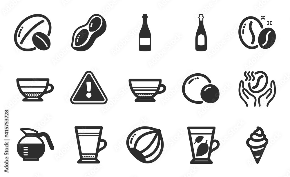 Coffeepot, Coffee and Champagne bottle icons simple set. Ice cream, Peas and Mint leaves signs. Latte, Peanut and Coffee beans symbols. Champagne, Mocha and Soy nut. Americano, Hazelnut. Vector
