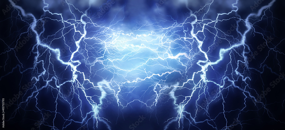 Flash of lightning on dark background, banner design. Thunderstorm - obrazy, fototapety, plakaty 