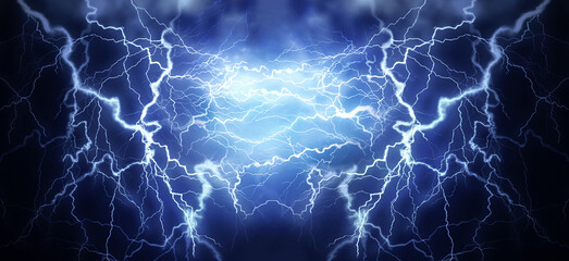 Flash of lightning on dark background, banner design. Thunderstorm