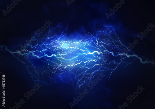 Flash of lightning on dark background. Thunderstorm photo