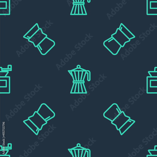 Set line Coffee moca pot, Pour over coffee maker and Manual grinder on seamless pattern. Vector.