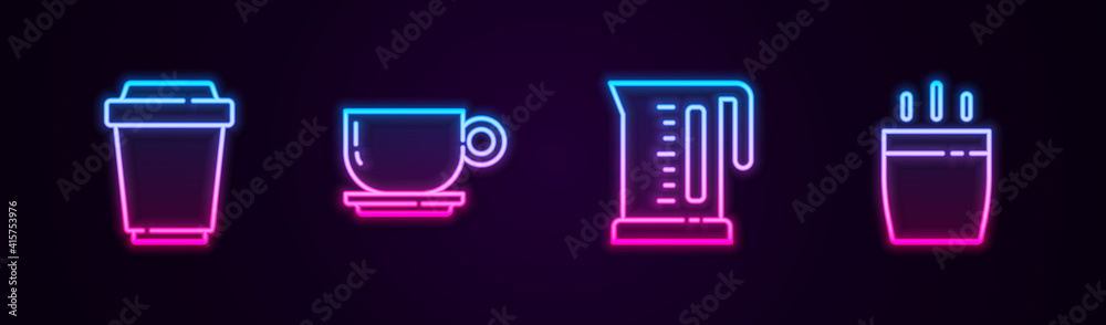 Set line Coffee cup to go, , Electric kettle and . Glowing neon icon. Vector.