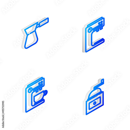 Set Isometric line Coffee machine, turk, and Manual coffee grinder icon. Vector.