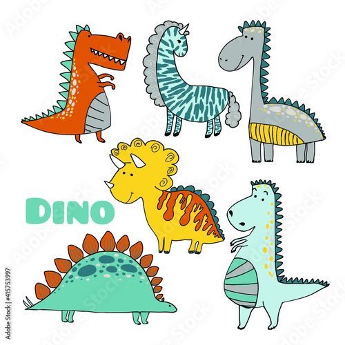 Fototapeta Naklejka Na Ścianę i Meble -  Vector set of dinosaurs of pleasant colors in a children's cartoon doodle style. Colorful cute children's illustration is perfect for children's room and textile printing.