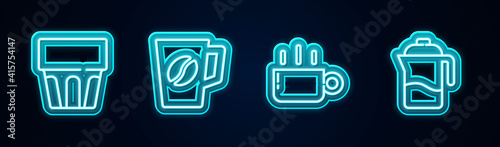 Set line Glass with water, Coffee cup, and French press. Glowing neon icon. Vector.