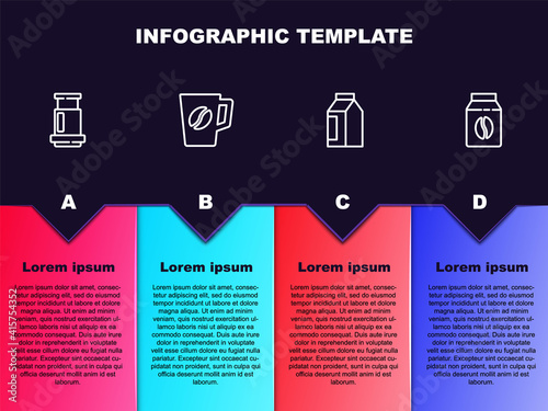Set line Aeropress coffee, Coffee cup, Bag beans and . Business infographic template. Vector.