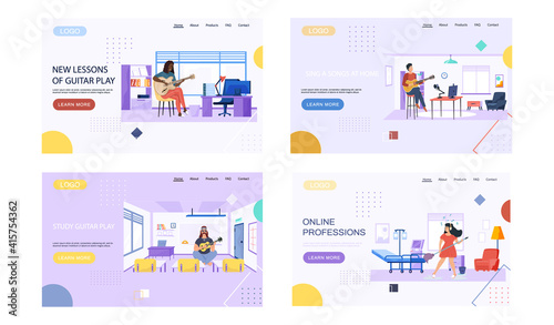 Set of illustrations with people play guitar in different statements. Musicians create melody and perform. Guitarists use stringed instrument. Website with online music lessons. Musicians create songs