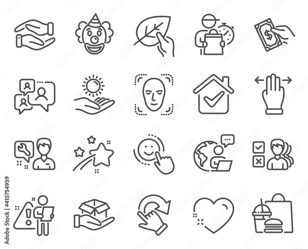 People icons set. Included icon as Support chat, Multitasking gesture, Helping hand signs. Clown, Repairman, Opinion symbols. Organic tested, Smile, Heart. Face detection, Sun protection. Vector