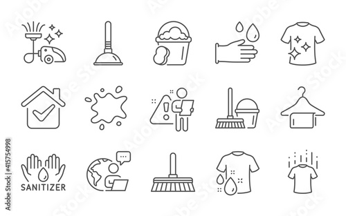 Dirty spot, Wash t-shirt and Sponge line icons set. Vacuum cleaner, Bucket with mop and Cleaning mop signs. Hand sanitizer, Dry t-shirt and Plunger symbols. Clean towel, Rubber gloves. Vector