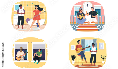 Set of illustrations about characters have fun together at home and listen to guitar playing. People sing songs for listeners friends. Musicians make music. Guitarists perform with stringed instrument