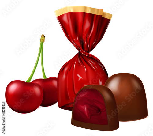 Fresh cherries berries and chocolate candies with cherry filling, wrapped and opened isolated on white background. Vector illustration.