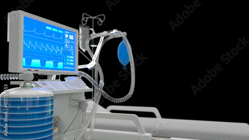 ICU medical ventilator with bed 3d renders isolated on black, healthcare 3d illustration