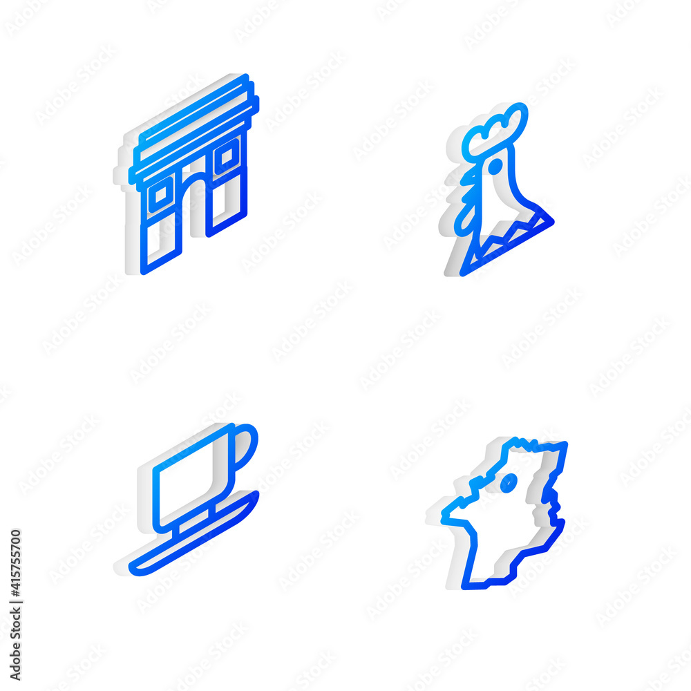 Set Isometric line French rooster, Triumphal Arch, Coffee cup and Map France icon. Vector. Set Isometric line French rooster, Triumphal Arch, Coffee cup and Map France icon. Vector.