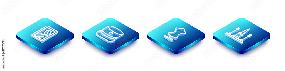 Set Isometric line Portrait in museum, Kepi, Mannequin and Place De La Concorde icon. Vector. Set Isometric line Portrait in museum, Kepi, Mannequin and Place De La Concorde icon. Vector.