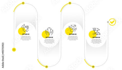 Washing hands, Clean bubbles and Hold t-shirt line icons set. Timeline process infograph. Vacuum cleaner sign. Gloves, Laundry shampoo, Laundry shirt. Vacuum-clean. Cleaning set. Vector