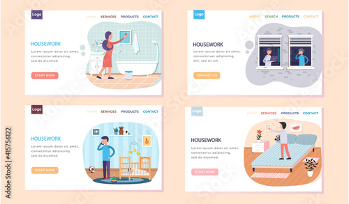 Housework landing page template with people do household chores in their apartment set of four scenes. Stay at tidy home. Family members together activity for hygiene and disinfection, clean house