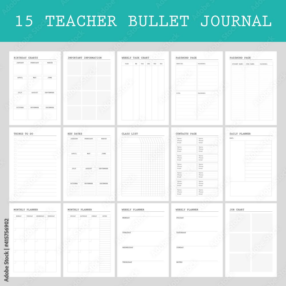 Planner pages bullet journal for teachers, daily,weekly, class list	 - obrazy, fototapety, plakaty 
