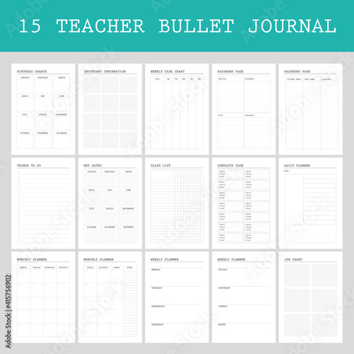 Planner pages bullet journal for teachers, daily,weekly, class list	