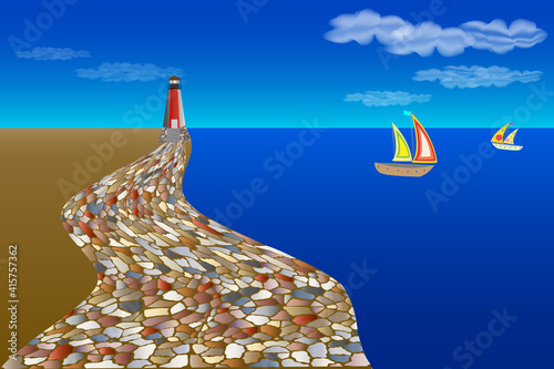 Vector illustration of a panoramic view of stone promenade on the cosatshore, lighthouse and sailngboats on the sea. Tourism an Travel concept.