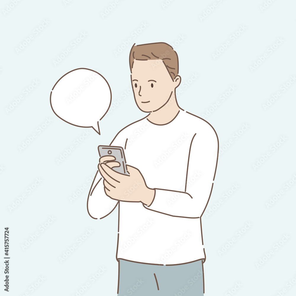 Male chatting through a mobile application. Online communication concept. Hand draw style. Vector illustration. Male chatting through a mobile application. Online communication concept. Hand draw style. Vector illustration.