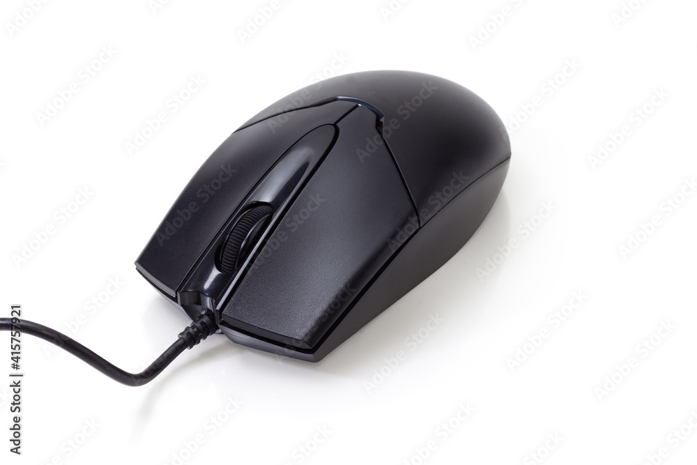 Black wired computer mouse with two buttons and scroll wheel Black wired computer mouse with two buttons and scroll wheel