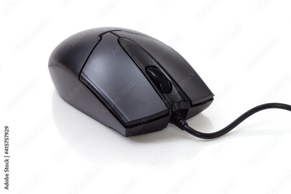 Black wired optical computer mouse on a white surface Black wired optical computer mouse on a white surface