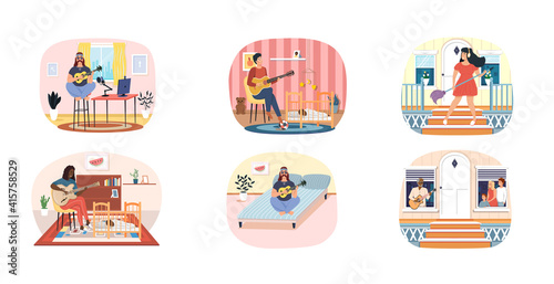 Set of illustrations people take care of children, play guitar at home. Musicians practice in music. Rest and pastime with music. Guitarists with stringed instrument create melody. Characters perform