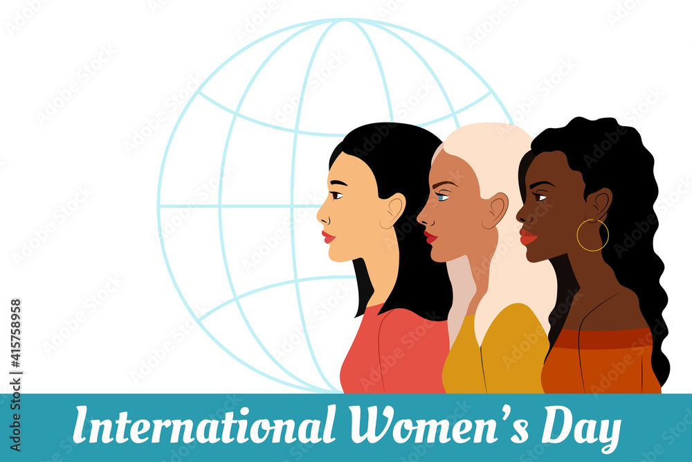 Obraz premium Template greetings for March 8. Banner for International Women's Day. Three women of different nationalities. The concept of equality and unity.
