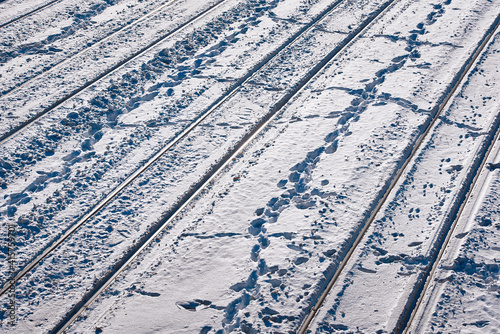 Snowy railway track. Snow covered railway lines in winter, top view. Railway background. Train track texture, railway transportation background..