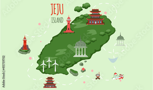Welcome to Jeju island in South Korea, traditional landmarks, symbols, popular place for visiting tourists, jeju green tropical island with water travel. Korean land with traditional attractions