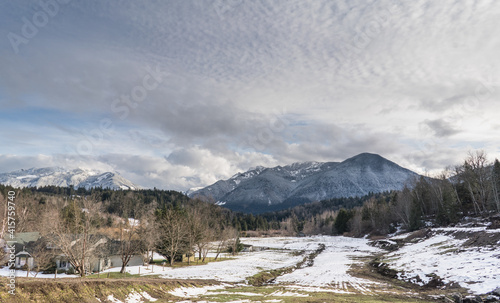 looking across a snow covered valley in winter near Chilliwack, BC, Canada