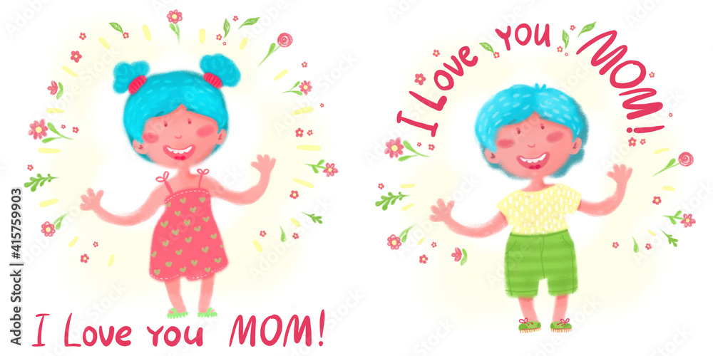 Happy Mother's Day.Hand drawn illustration of children with congratulations