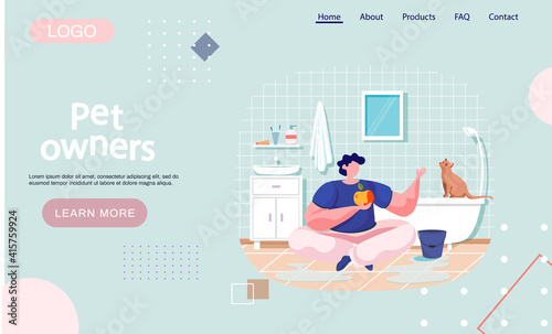 Pet owners landing page template guy sits with apple in bathroom on floor talking to clever cat. Animal sitting on bathtub looks at man. Fun time with pet at home. Male playing with small kitten