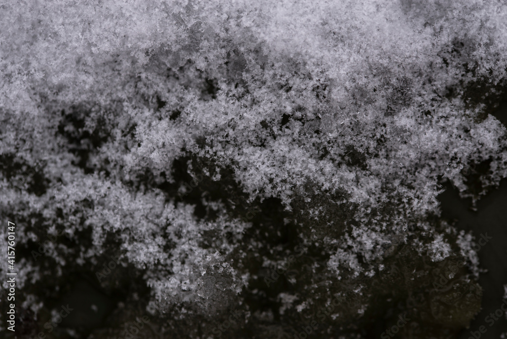 White snow on a black background. Abstract black and white background. Selective Focus White snow on a black background. Abstract black and white background. Selective Focus