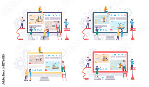 Set of illustrations about people looking at monitor with disinfection premises process. Sanitary inspection worker sprays liquid from cylinder. Prevention of disease. Colleagues work with computer