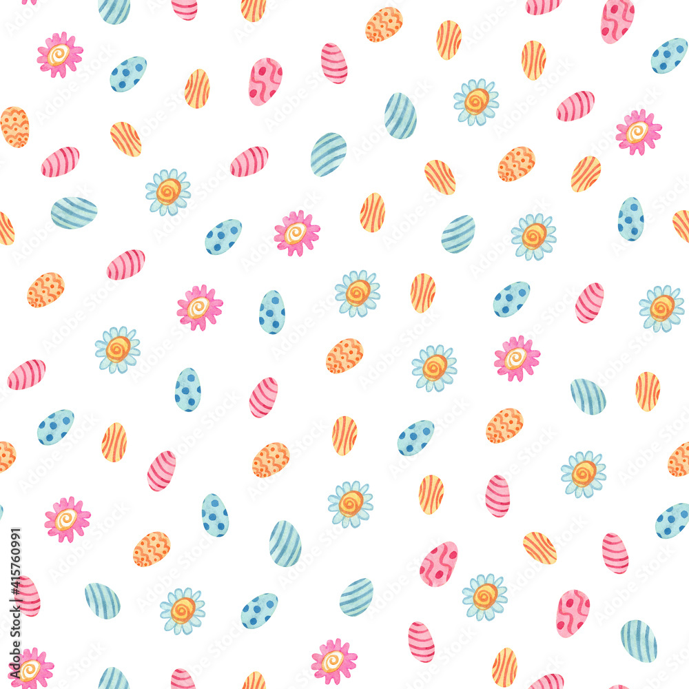 Watercolor floral seamless pattern. Daisy flowers, leaves and colorful eggs.  Great for fabrics, wrapping papers, covers. Easter design. White background. Pink, blue and orange colors.