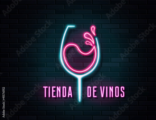 Retro neon wine glass sign on wall background