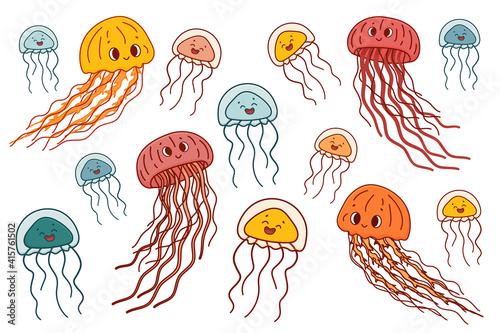 Set of colorful outline vector doodle cartoon jellyfish. Sea jelly is happy, has good emotion and long tentacles. Animals are isolated on white background