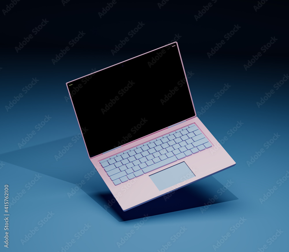 Pink-blue Laptop on a blue background. 3d illustration. Render. Laptop at an angle.Template for design. Pink-blue Laptop on a blue background. 3d illustration. Render. Laptop at an angle.Template for design.