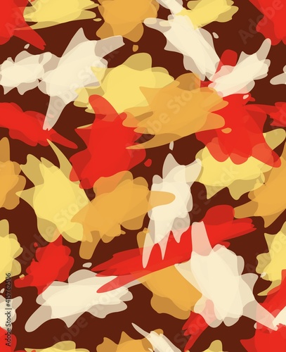 new bristle abstract watercolor splashes, seamless background composed in harmonish colours - red, orange, yellow, beige, on brown background. vector design