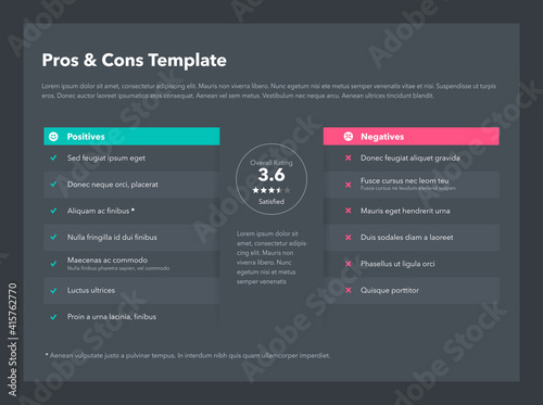 Modern pros and cons template with place for your content - dark version. Easy to use for your website or presentation.