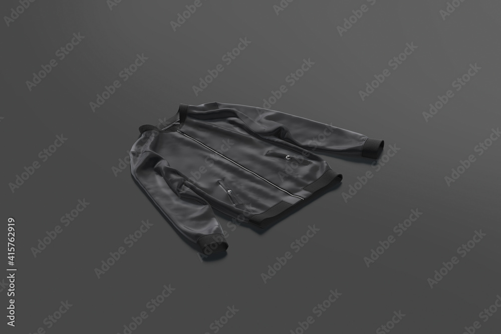 Blank black bomber jacket mockup lying, dark background Blank black bomber jacket mockup lying, dark background