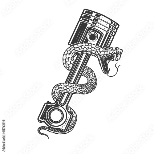 Illustration of snake on car piston. Design element for poster, card, banner, sign. Vector illustration