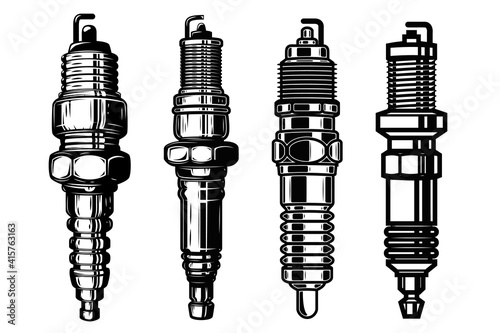 Illustrations of car spark plugs in engraving style. Design element for poster, card, banner, sign. Vector illustration