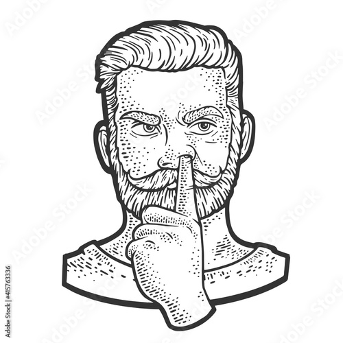 Man picking his nose sketch engraving vector illustration. T-shirt apparel print design. Scratch board imitation. Black and white hand drawn image.