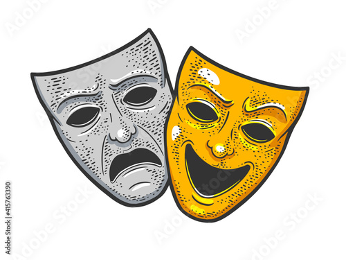 theater masks symbol sad and joyful color sketch engraving vector illustration. T-shirt apparel print design. Scratch board imitation. Black and white hand drawn image.