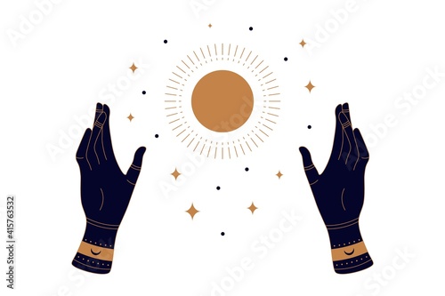 Boho doodle mystic hands. Hand drawn esoteric icon, simple feminine logo with sun moon stars. Vector illustration